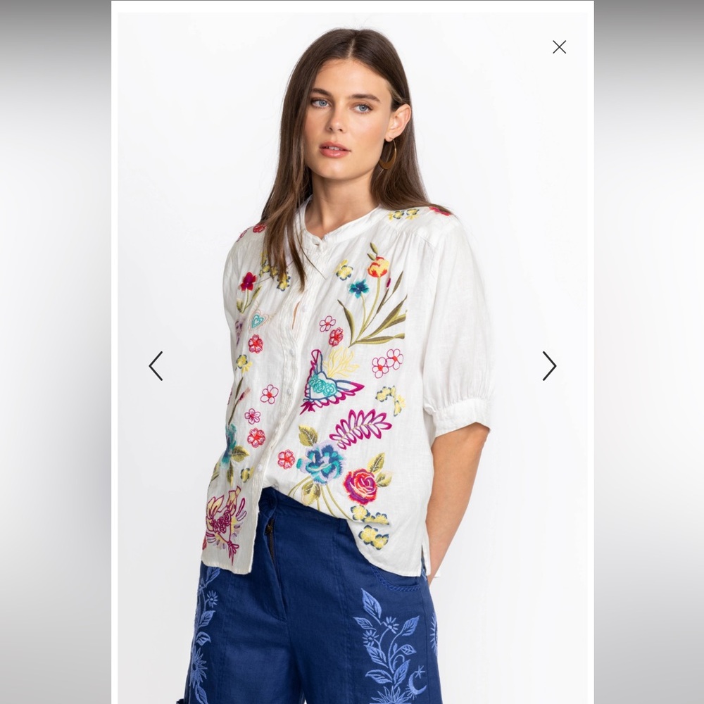 NWT Johnny Was Jessi Embroidered White Pure Linen Blouse